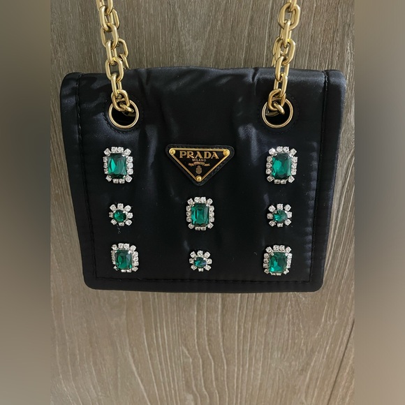 Prada Tessuto Nylon Black Flap Handbag w Emerald and Clear Crystals - Picture 2 of 12